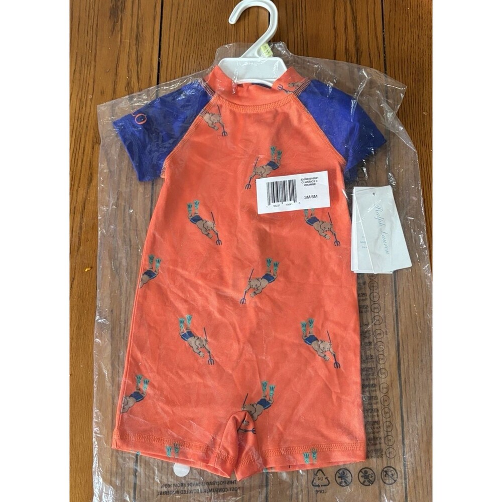 Brand New w/ Tags Ralph Lauren Rash Guard One Piece Orange Polo Bear Scuba Diver